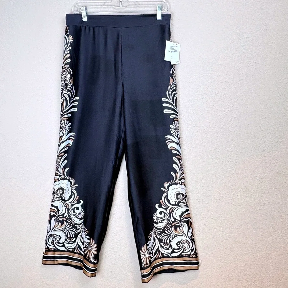 Ellen Tracy Womens Size M Black Gold Floral Wide Leg Satin Palazzo Pants